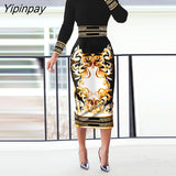 Yipinpay Women Elegant  Allover Print Palace Totem Round Neck Small Silt Pocket Bodycon Midi Working Dress