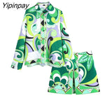 Yipinpay 2023 Summer Women 2PCS Print Blouses+Skirts Set New Turn Down Collar Long Sleeve Tops High Waist Dress Girl Outfits