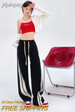 yipinpay Womans Cargo Jeans Pants High Waist Vintage Straight Trouser America Streetwear Stripe Denim Drawstring Cargo Sweat Pants