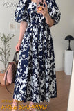 Yipinpay Square Blue Ink Dress Women Backless Lace Up Vintage Maxi Dresses Vestidos De Mujer Elegant Lantern Short Sleeve Print