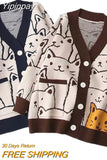 Yipinpay Women Button Down Knit Sweater Fall Long Sleeve V Neck Cartoon Cat Pattern Loose Cardigan Women's Winter Coats 2023
