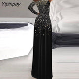 Yipinpay Women Elegant Chic Allover Print Gradient Long Sleeves Mesh Patch High Silt Maxi Party Dresses