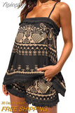 Yipinpay Women Vintage Printing Pants Suit Spaghetti Strap Fringed Camisole And Loose Fit Shorts Casual Everyday Wear Hot S-XL