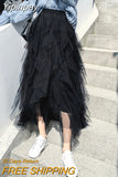 Yipinpay Women Tutu Mesh Maxi Skirt Long Tulle Solid Irregular Casual Korean Skirts Lining High Waist Kawaii Bridesmaid Faldas