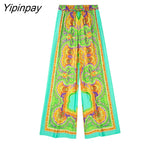 Yipinpay 2pcs Women Printed Pant Shirt Sets 2023 Summer Fashion Turn Down Collar Bow Blouse+Elastic Waist Wide Leg Pants Outwear