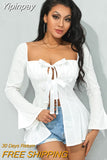 Yipinpay Chic White Shirts for Women Flare Long Sleeves Pleated Square Neck Bow Knotted Dress Tops Casual Elegant Blouses 0406