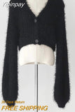 Yipinpay Autumn Sweet Sexy V Neck Mohair Pink Knitted Sweater Crop Long Sleeve Cardigan Temperament Elegant All-match Solid