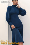 Yipinpay Turtleneck Elegant Women Office Dresses Satin Lace-Up Drape Dress Flowing Vintage Navy Midi Dress Office Ladies 2023