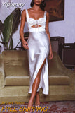 Yipinpay MO Satin Hollow Out Draw String Chest Wrapping Long Dress Women Sexy Slim Party Spaghetti Strap Backless Dress Vestidos