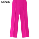 Yipinpay Women 2023 Elegant Blazer Suits Sets Fashion Long Sleeve Jacket With Belt Solid High Waisted Baggy Wide Leg Pants