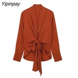 Yipinpay Women Bow Blouse Pants Sets 2023 Casual Solid Long Sleeve Loose V-neck Shirt Tops Elastic Waist Wide Leg Pants Outwear