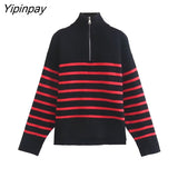 Yipinpay Women Fashion Zipper Collar Sweater 2023 Winter Thicken Striped Loose Knitting Sweater Vintage Long Sleeve Female Pullover