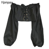 Yipinpay Womens Off Shoulder Top Long Sleeve Ruffle Vintage Blouse with Puff Sleeves Lace Up Ladies Tops Bandage Crop Tops