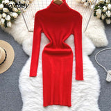 Yipinpay Full Sleeve Slim Knitted Pencil Dress Female Casual Pullover Turtleneck Sweater Bodycon Dress Ladies Autumn Winter