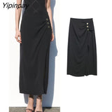 Yipinpay 2023 Women Solid Mid-Calf Skirts Summer Fashion High Waist Side Split Skirt Dress Female Vintage Straght Skirts