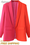 Yipinpay Women Office Lady Blazer Pink and Red Contrast Color Long Sleeve Blazer Coat Vintage Pockets Outerwear Autumn Tops 2023