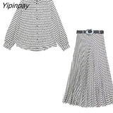 Yipinpay Elegant Geometric Print Skirt Sets 2023 Vintage Soft Long Sleeve Blouse Female Casual Folds Skirt With Belt Lady Suit