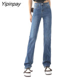 Yipinpay Straight High Waist Stretch Jeans Woman Casual Light Blue Jean Trousers Black Denim Pants Ladies