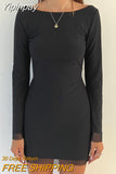 Yipinpay Female Short Dress Solid Color Floral Print Long Sleeve Backless Fashion Black Khaki Skin Friendly Club Street Style S M L 911