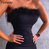 Yipinpay Women Solid Strapless Feathers Decoration Zipper Bodycon Sexy Party Black Dress
