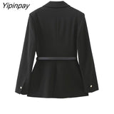 Yipinpay 2023 Women Solid Blazer Jacket With Belt Spring Notched Office Outfits Coats Single Breasted Chic Outwear