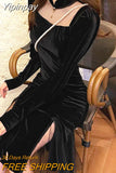 Yipinpay Vintage Black Dress Women 2023 Spring Long Sleeve Slim Evening Party Dress Female Gothic One Piece Dress Koran Winter