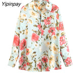 Yipinpay 2023 Women Floral Printed Thin Blouses Shirt Fashion Causal Loose Long Sleeved Tops Vintage Single Breasted T-Shirts