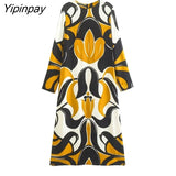 Yipinpay Elegant Women Printed O-neck Dresses 2023 Fashion Loose Female Mid-Calf Dresses Long Sleeve Soft Party Vestidos