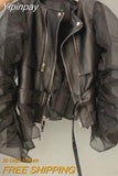 Yipinpay Coat Women Organza Bubble Sleeved Ruffled Fashion Leather Jacket Streetwear Retro Y2k Black Faux Leather Jacket Autumn