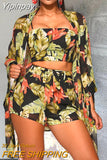 Yipinpay New Women Boho 3Pcs Floral Print Cardigan Blouse+Crop Top+Shorts Lady Holiday Beach Three Pieces Set Casual Shorts Sets
