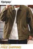 Yipinpay Autumn/Winter Detroit Washed Old Canvas Jackets Felt Style mens jacket Japanese Streetwear Korean Fashion Harajuku