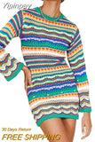 Yipinpay Women Colorful Knitted Dress Women's Sexy Bodycon Mini Dress Bohemian Long Sleeve Crew Neck Hollow Out Dress