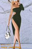 Yipinpay Sexy Women One Shoulder Long Sleeve Side Hole Hollow out High Split Slit Evening Party Clubwear Stretch Dress