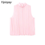 Yipinpay Women Chiffon Pleated Skirts Sets 2023 Summer Thin Female Elegant Sleeveless Shirts Mid-Calf A-Line Skirts