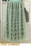 Yipinpay Style Knee Length Skirt For Women 2023 Y2k Elastic Band Fairy Long Skirts Female For Dinner Maxi Tulle Skirt Pink Coffee