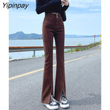 Yipinpay High Waist Vintage Elastic Split Jean Femme Casual Slim Autumn Winter Denim Flare Pants Brown Women Jeans