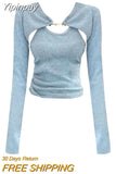 Yipinpay Color Suit Slim Casual Short Vest + Long Sleeve Crop Tops Korean Fashion Knitted Clothing 2 Piece Set Woman 2023 Spring