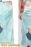 Yipinpay Print Tulle Skirt Woman High Waist Mesh Midi Skirt With Slit Ruched Stylish Long Skirts For Women Fashion 2023 Summer Skirt