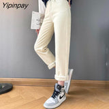 Yipinpay High Waist Thickened Plush Jeans Woman Straight Tube Loose Winter Style Versatile Harun Pants