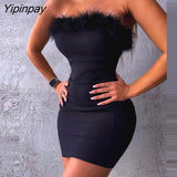Yipinpay Women Solid Strapless Feathers Decoration Zipper Bodycon Sexy Party Black Dress