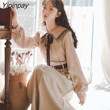 Yipinpay Sweet Women Blouses Vintage Preppy Style Sweet Lace Up Bow Turn-down Collar Solid Female Tops HOT