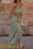 Yipinpay Green Ruffle Dress Woman Chiffon Slip Long Dress Women Asymmetric Backless Sexy Party Dresses Midi Holiday Summer Dresses