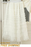 Yipinpay Style Knee Length Skirt For Women 2023 Y2k Elastic Band Fairy Long Skirts Female For Dinner Maxi Tulle Skirt Pink Coffee