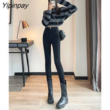 Yipinpay Winter Thickened Warm Elastic Pencil Jeans For Women Plus Velvet High Waist Skinny Denim Pants