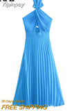 Yipinpay 2023 Woman Halter Long Dress Women Cut Out Blue Backless Dress Woman Pleated Off Shoulder Summer Elegant Party Dresses