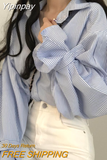 Yipinpay Lantern Sleeve Blue Stripe Shirt Camisas Blusas Mujer Loose Casual Black Top Women's Clothing Blouses Office Lady Shirts