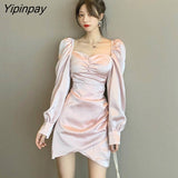 Yipinpay Long Sleeve Elegant Evening Dress Midi Autumn Winter Korean Sexy See Through Dress Club Bodycon Solid High Waist