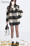 Yipinpay Spirng Plaid Woolen Coat Women Korean Fashion Y2k Long Coat Jacket Office Lady Casual Elegant Clothing Coat Warm Design