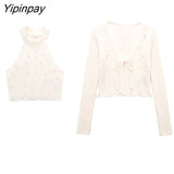 Yipinpay Fashion Women Knitted Sweater 2023 Autumn Winter Harajuku Halter Tank V-neck Lace Cardigan Long Sleeve Sweet Tops