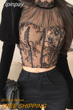 Yipinpay High Waist Crop Top 2023 Blusas Mujer De Moda Puff Long Sleeve Black Lace Shirts Stand Blouse Velvet Shirt Women Female